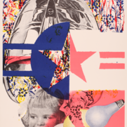 Im Vordergrund ein farbiges Logo der United States Air Force. Im Hintergrund bunte Blumen, der Kopf eines Mädchens und eine Flugzeugturbine.