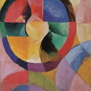 Verschiedene geometrische Formen, hauptsächlich in hellen Farben mit vielen Abstufungen. In der Mitte ein Kreis aus verschieden farbigen einzelnen Elementen.