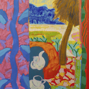 Expressionistische Malerei eines blauen Berges mit Picknick im Vordergrund.