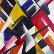 Verschiedenfarbige geometrische Formen, welche abstrakt in der Bildmitte zusammenlaufen. Verschiedene Farbtöne von Rot, Gelb und Blau dominieren das Werk.