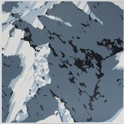 Siebdruck einer Bergkette in Schwarz und Blaugrautönen. 