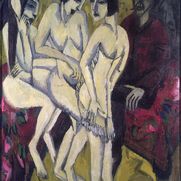 Expressionistische Aktmalerei von drei Frauen und einem rauchenden Mann im weinroten Anzug im Hintergrund rechts.